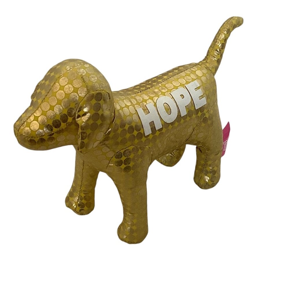 Victorias Secret PINK Gold Metallic Puppy Dog Figurine Plush 8.5x6” HOPE Message
